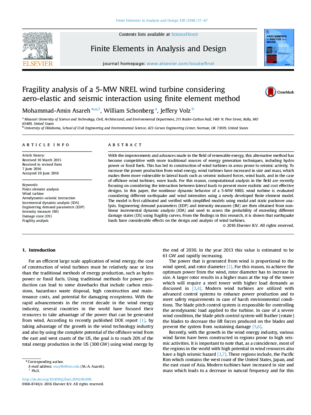 Fragility analysis of a 5-MW NREL wind turbine considering aero-elastic and seismic interaction using finite element method