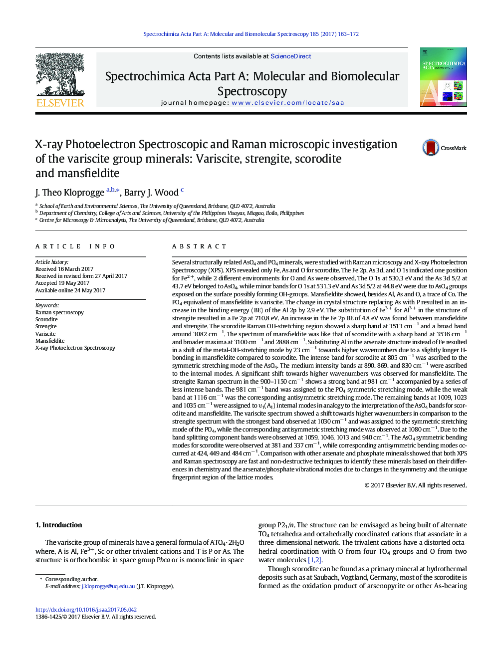 X-ray Photoelectron Spectroscopic and Raman microscopic investigation of the variscite group minerals: Variscite, strengite, scorodite and mansfieldite