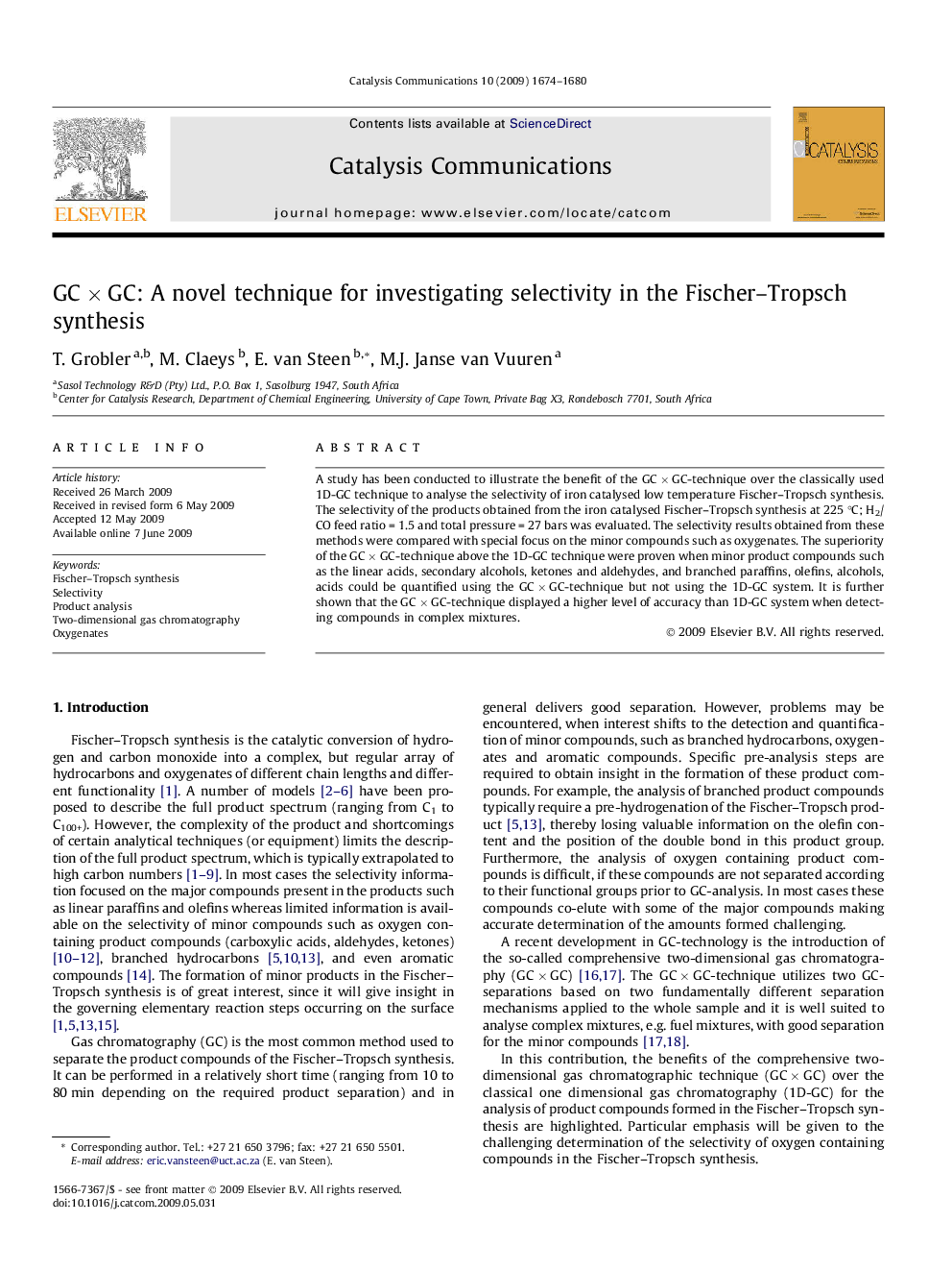 GC × GC: A novel technique for investigating selectivity in the Fischer–Tropsch synthesis