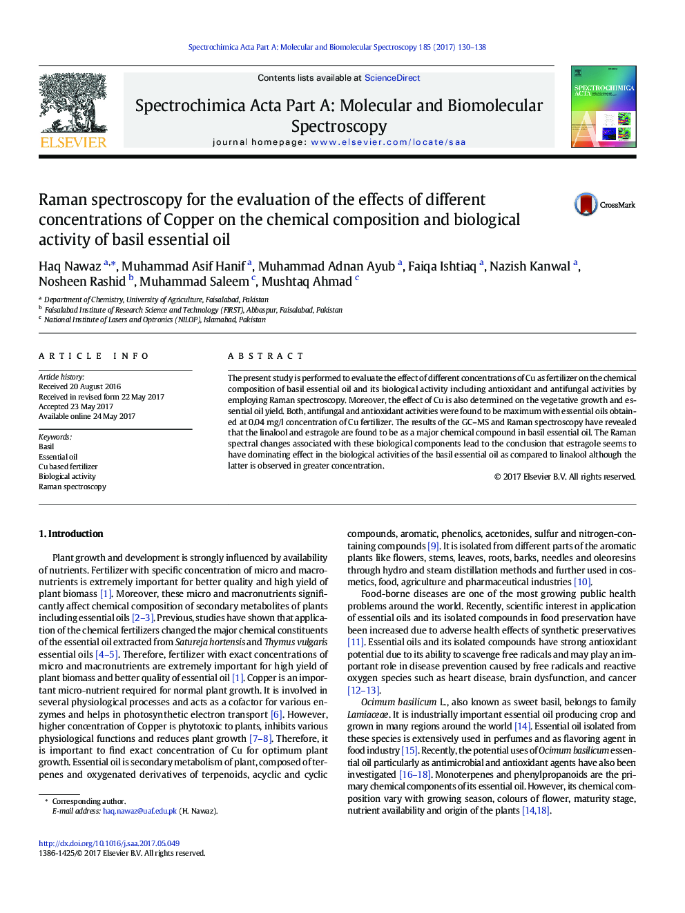 Raman spectroscopy for the evaluation of the effects of different concentrations of Copper on the chemical composition and biological activity of basil essential oil