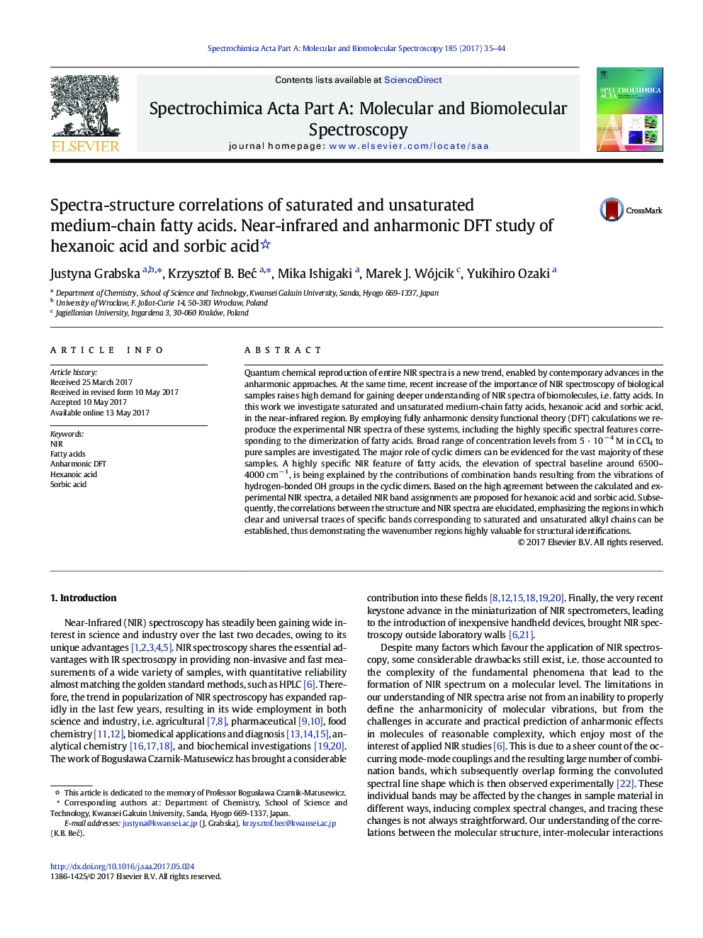 Spectra-structure correlations of saturated and unsaturated medium-chain fatty acids. Near-infrared and anharmonic DFT study of hexanoic acid and sorbic acid