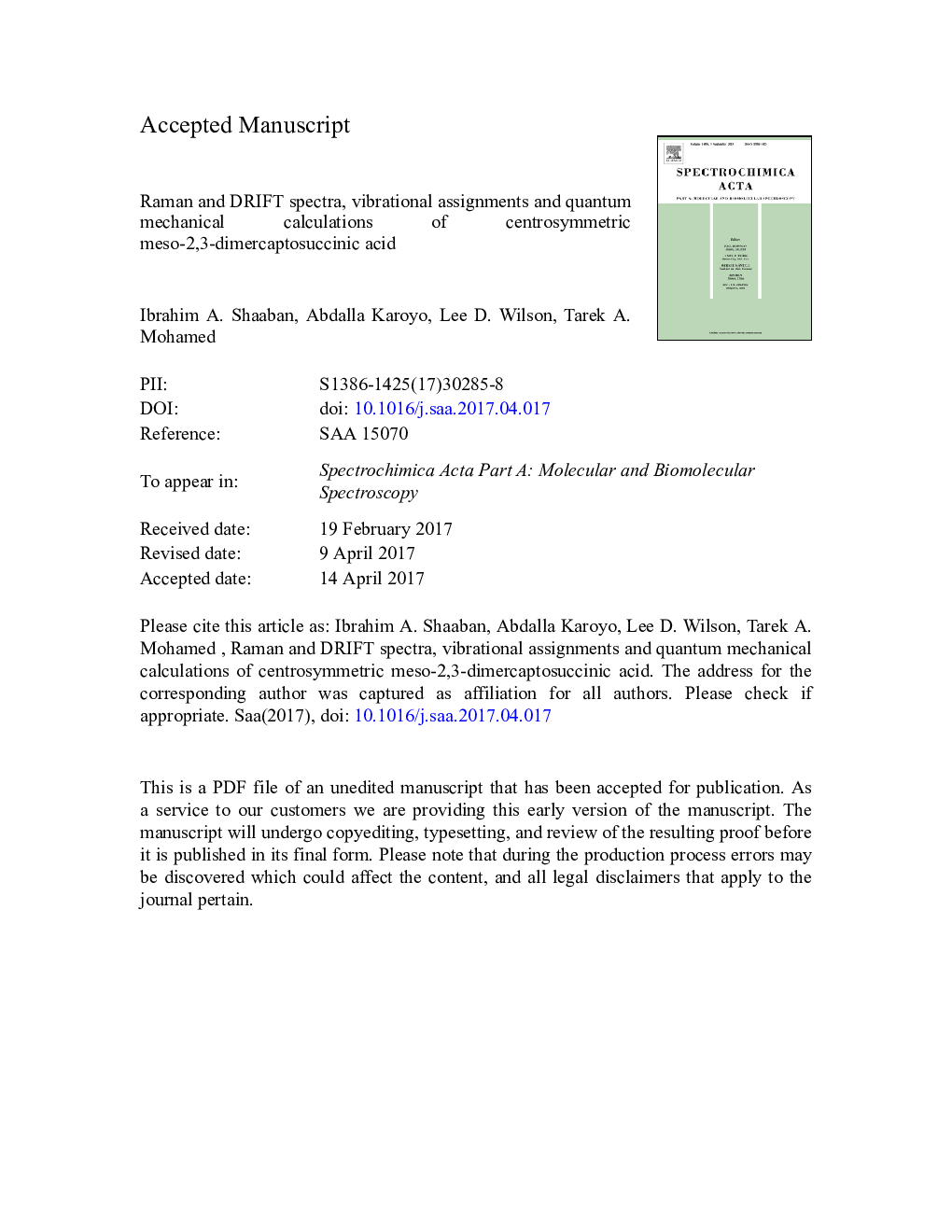 Raman and DRIFT spectra, vibrational assignments and quantum mechanical calculations of centrosymmetric meso-2,3-Dimercaptosuccinic acid