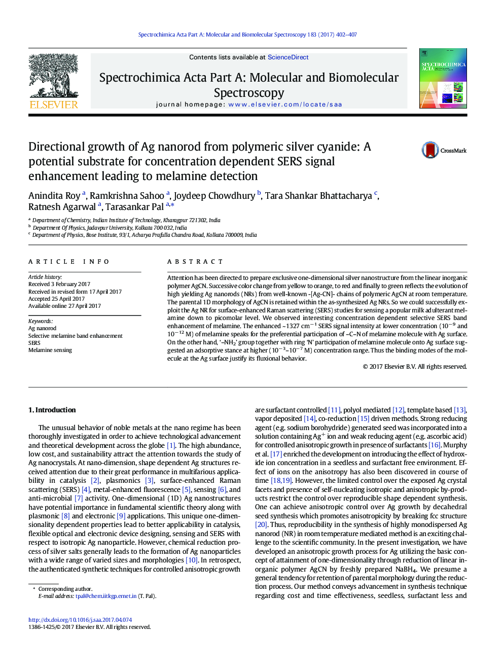 Directional growth of Ag nanorod from polymeric silver cyanide: A potential substrate for concentration dependent SERS signal enhancement leading to melamine detection