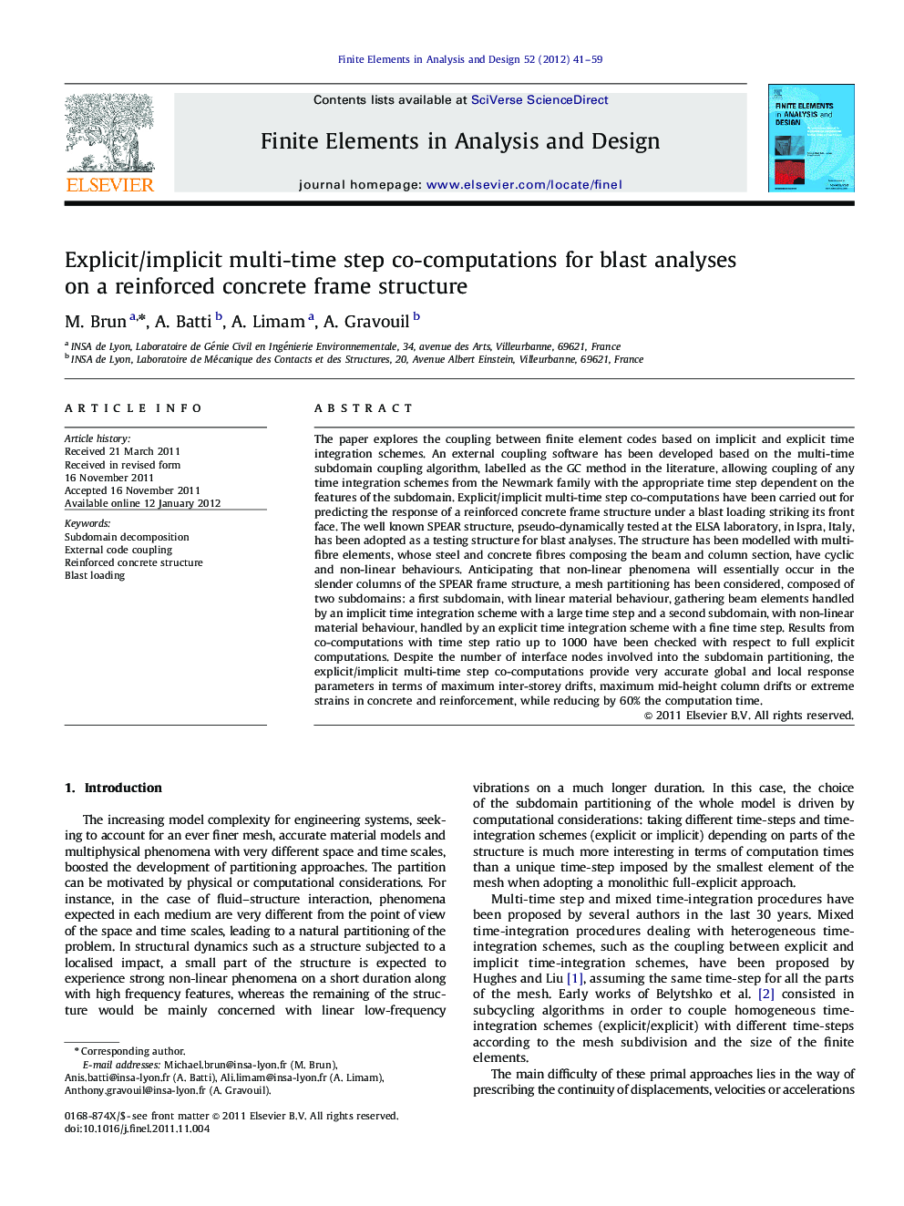 Explicit/implicit multi-time step co-computations for blast analyses on a reinforced concrete frame structure