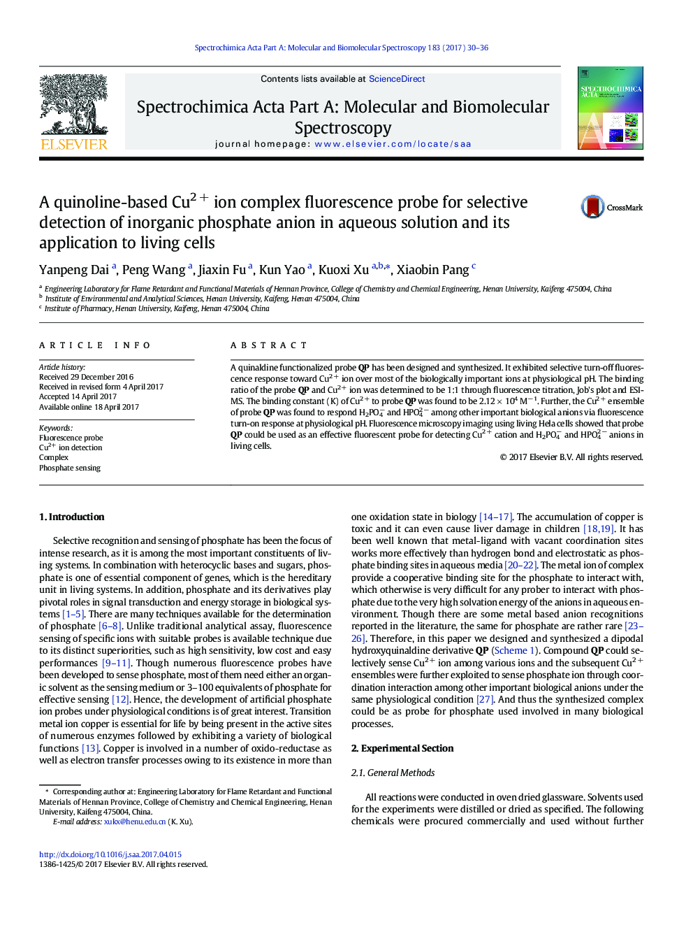 A quinoline-based Cu2Â + ion complex fluorescence probe for selective detection of inorganic phosphate anion in aqueous solution and its application to living cells