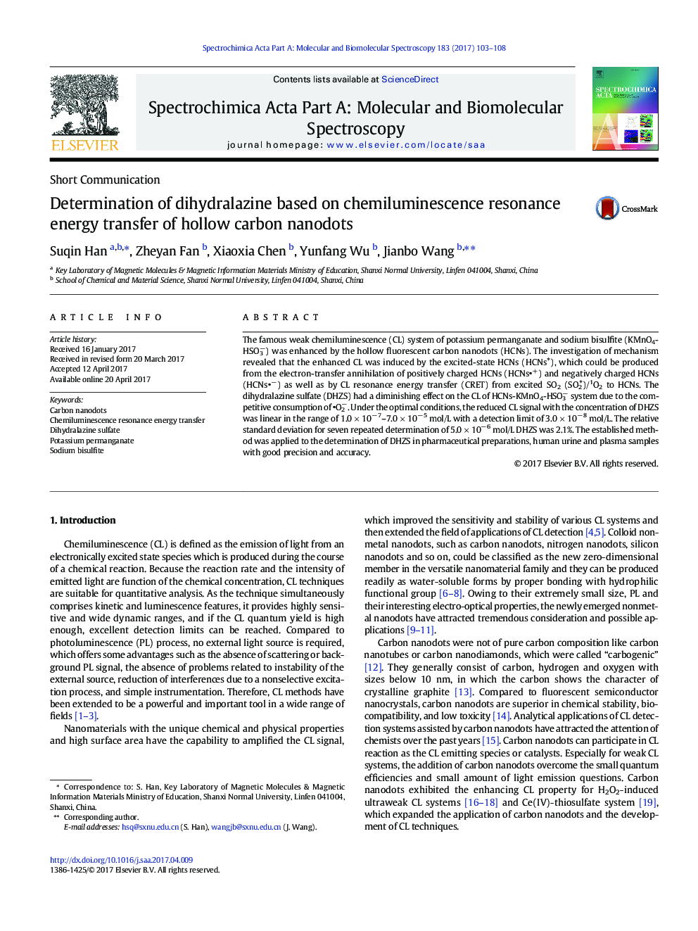 Determination of dihydralazine based on chemiluminescence resonance energy transfer of hollow carbon nanodots