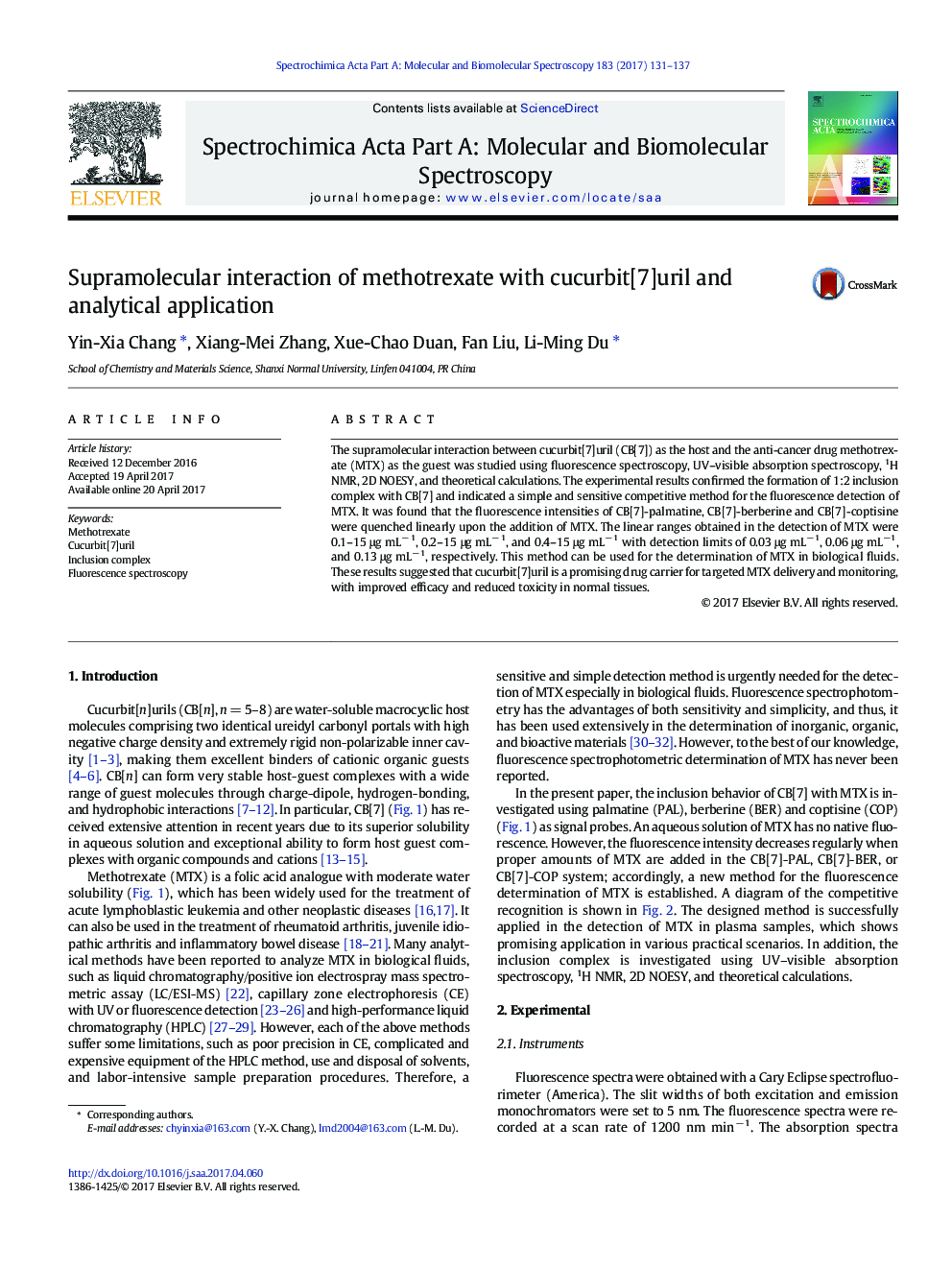 Supramolecular interaction of methotrexate with cucurbit[7]uril and analytical application