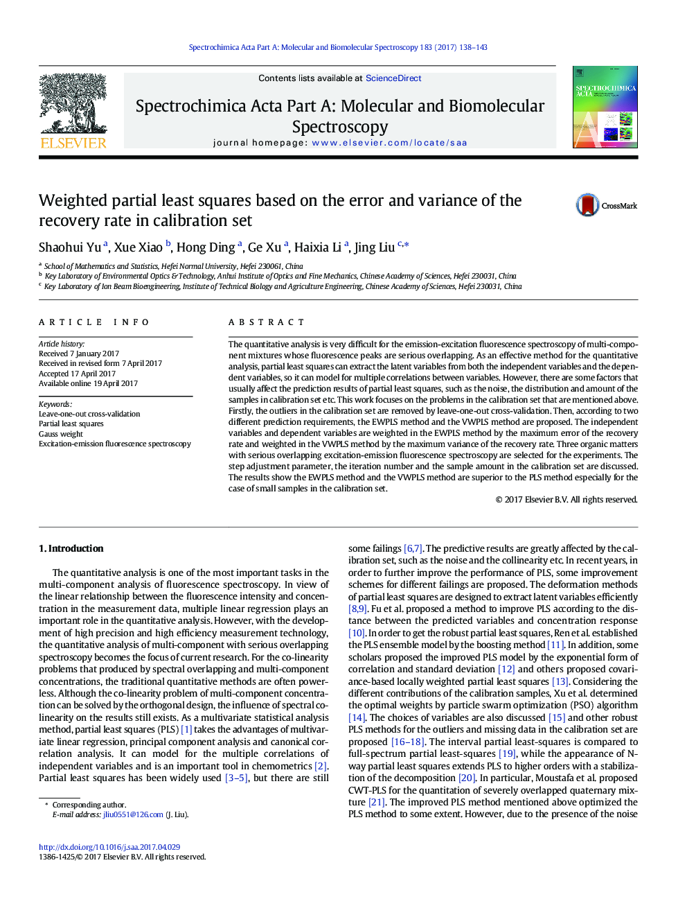 Weighted partial least squares based on the error and variance of the recovery rate in calibration set