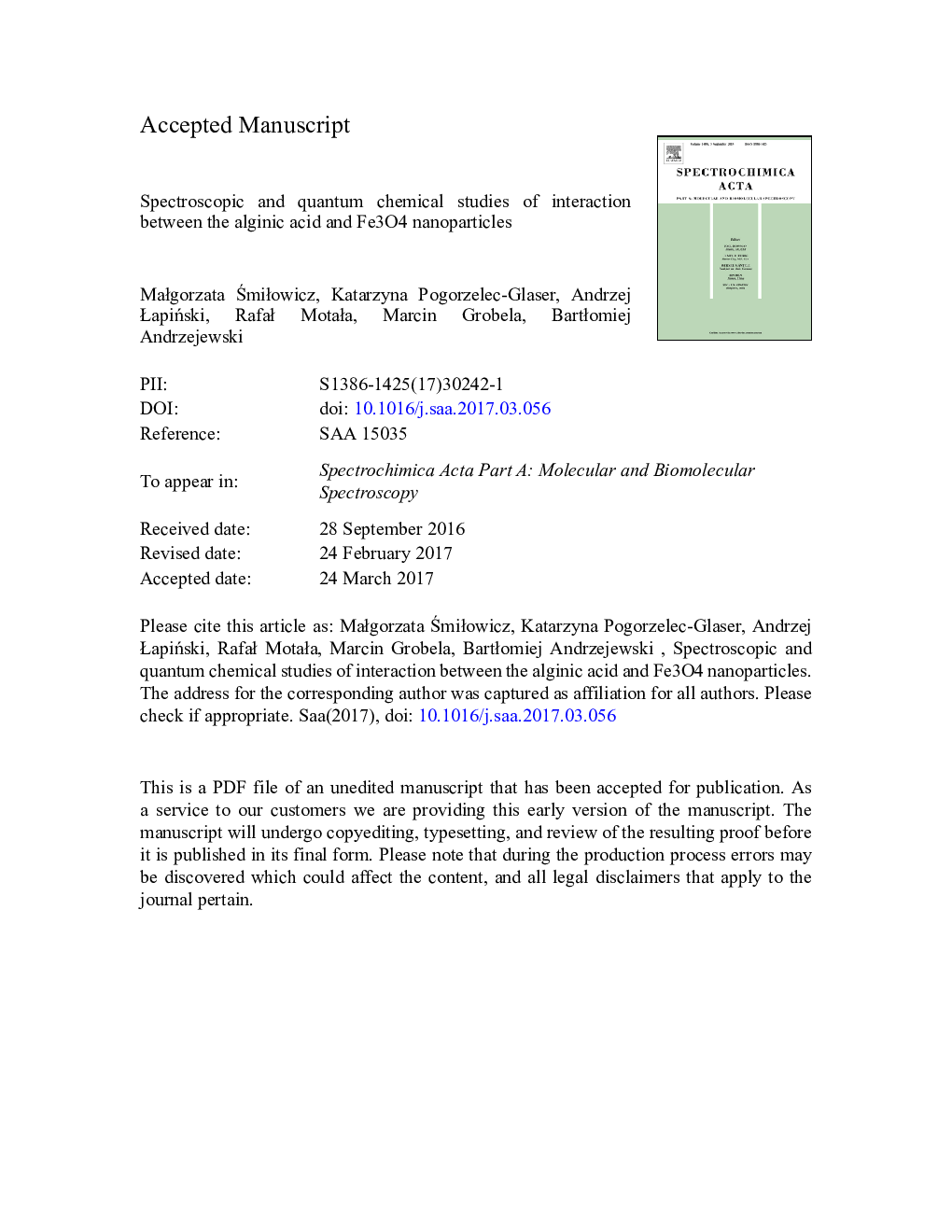 Spectroscopic and quantum chemical studies of interaction between the alginic acid and Fe3O4 nanoparticles