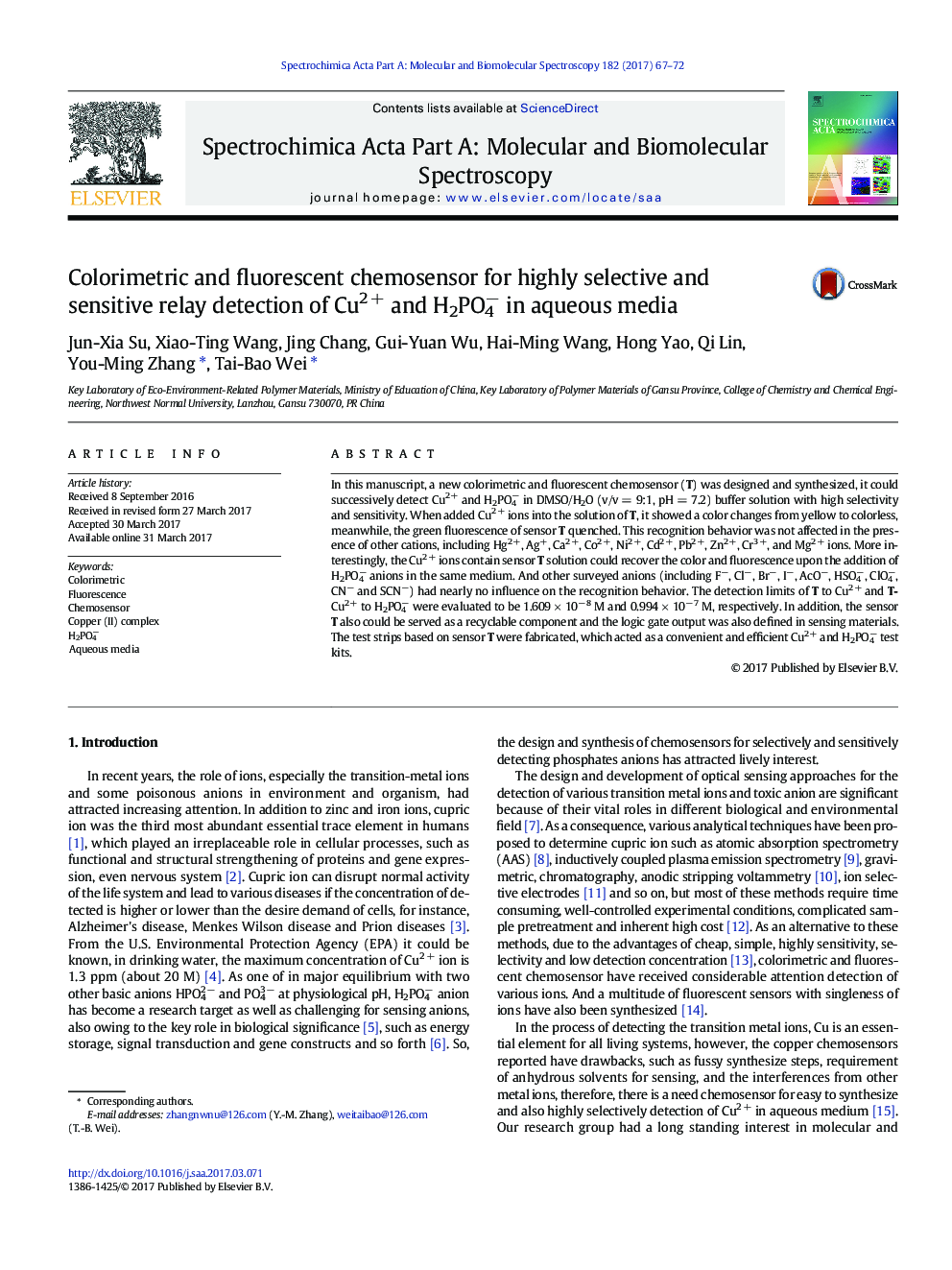 Colorimetric and fluorescent chemosensor for highly selective and sensitive relay detection of Cu2Â + and H2PO4â in aqueous media