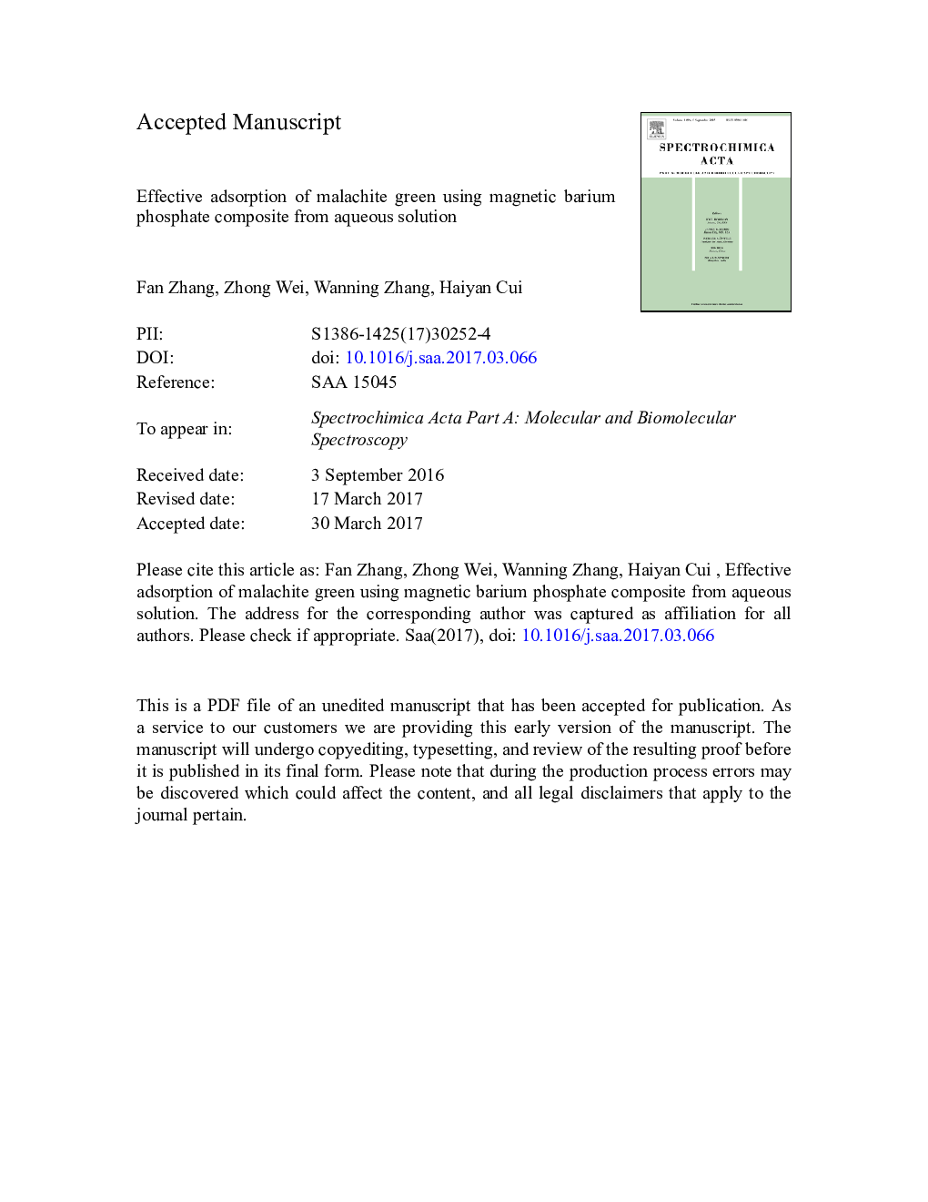 Effective adsorption of malachite green using magnetic barium phosphate composite from aqueous solution