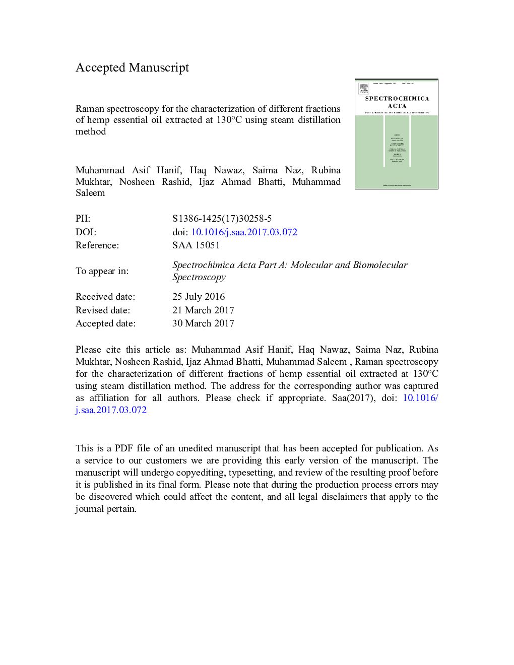 Raman spectroscopy for the characterization of different fractions of hemp essential oil extracted at 130Â Â°C using steam distillation method