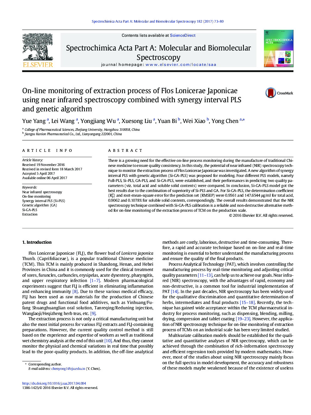 On-line monitoring of extraction process of Flos Lonicerae Japonicae using near infrared spectroscopy combined with synergy interval PLS and genetic algorithm