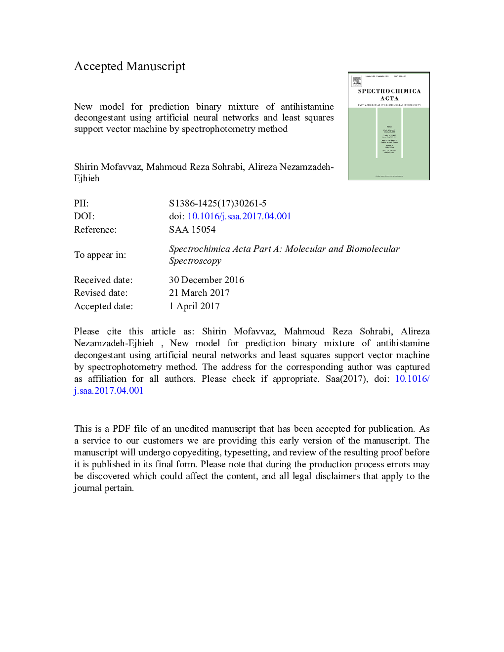 New model for prediction binary mixture of antihistamine decongestant using artificial neural networks and least squares support vector machine by spectrophotometry method