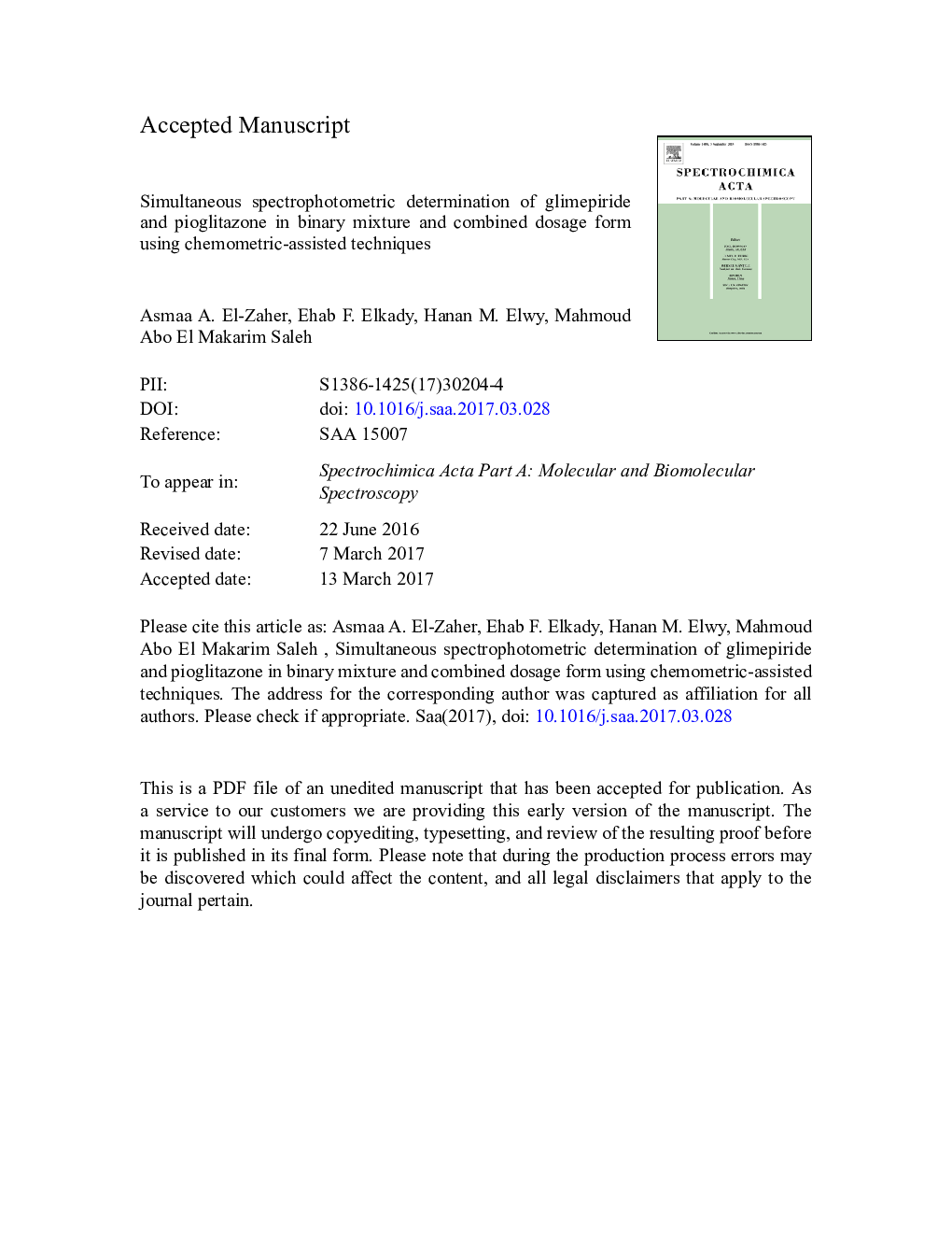 Simultaneous spectrophotometric determination of glimepiride and pioglitazone in binary mixture and combined dosage form using chemometric-assisted techniques