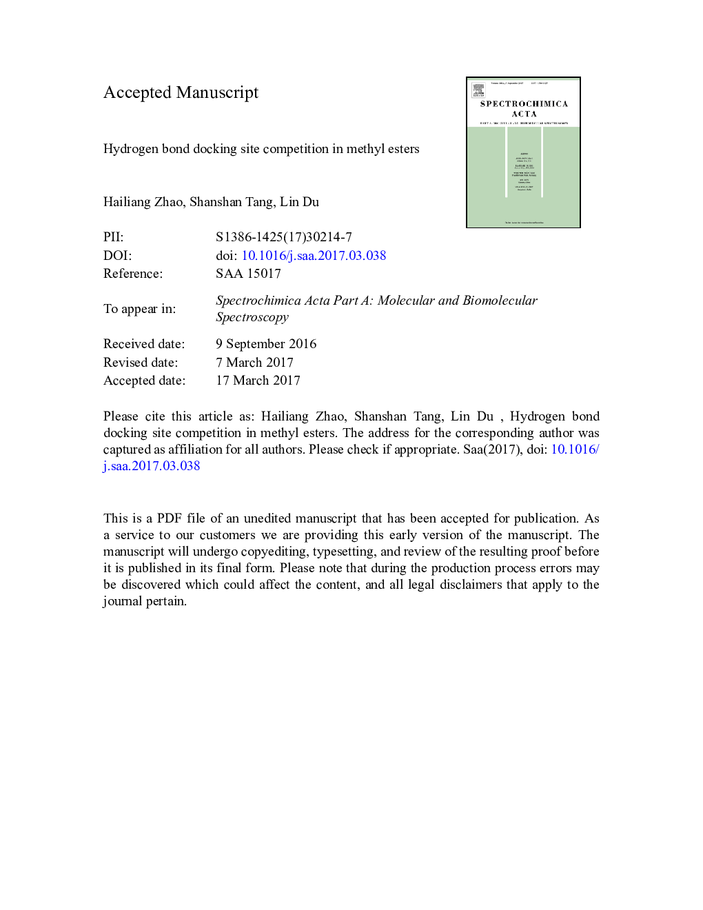 Hydrogen bond docking site competition in methyl esters