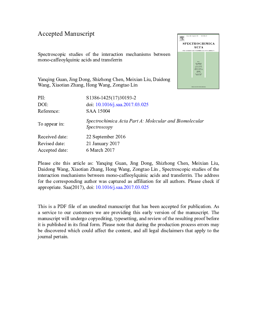 Spectroscopic studies of the interaction mechanisms between mono-caffeoylquinic acids and transferrin