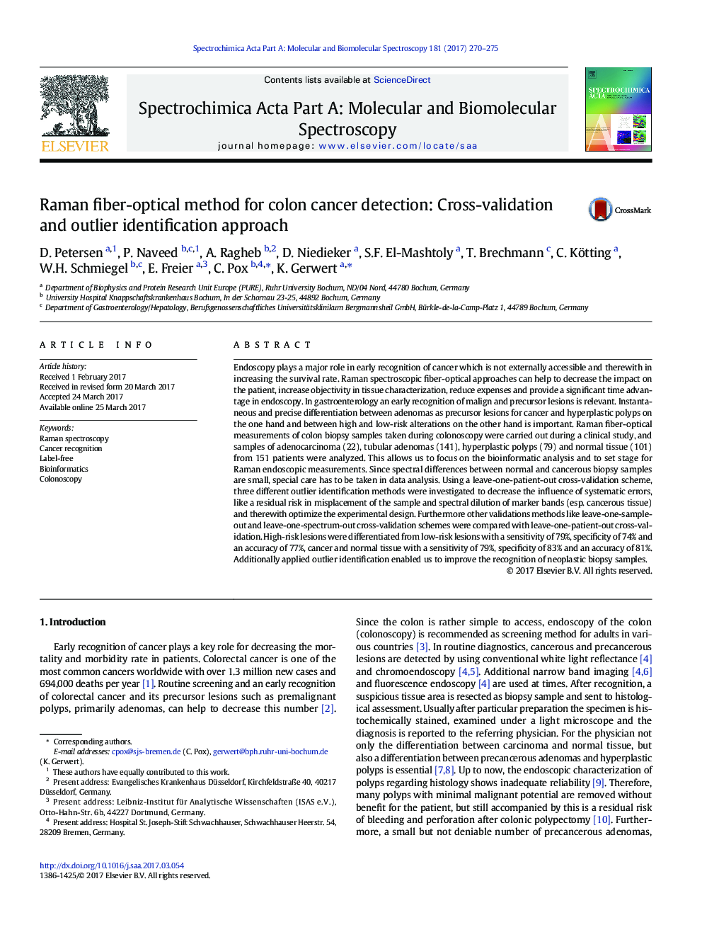 Raman fiber-optical method for colon cancer detection: Cross-validation and outlier identification approach