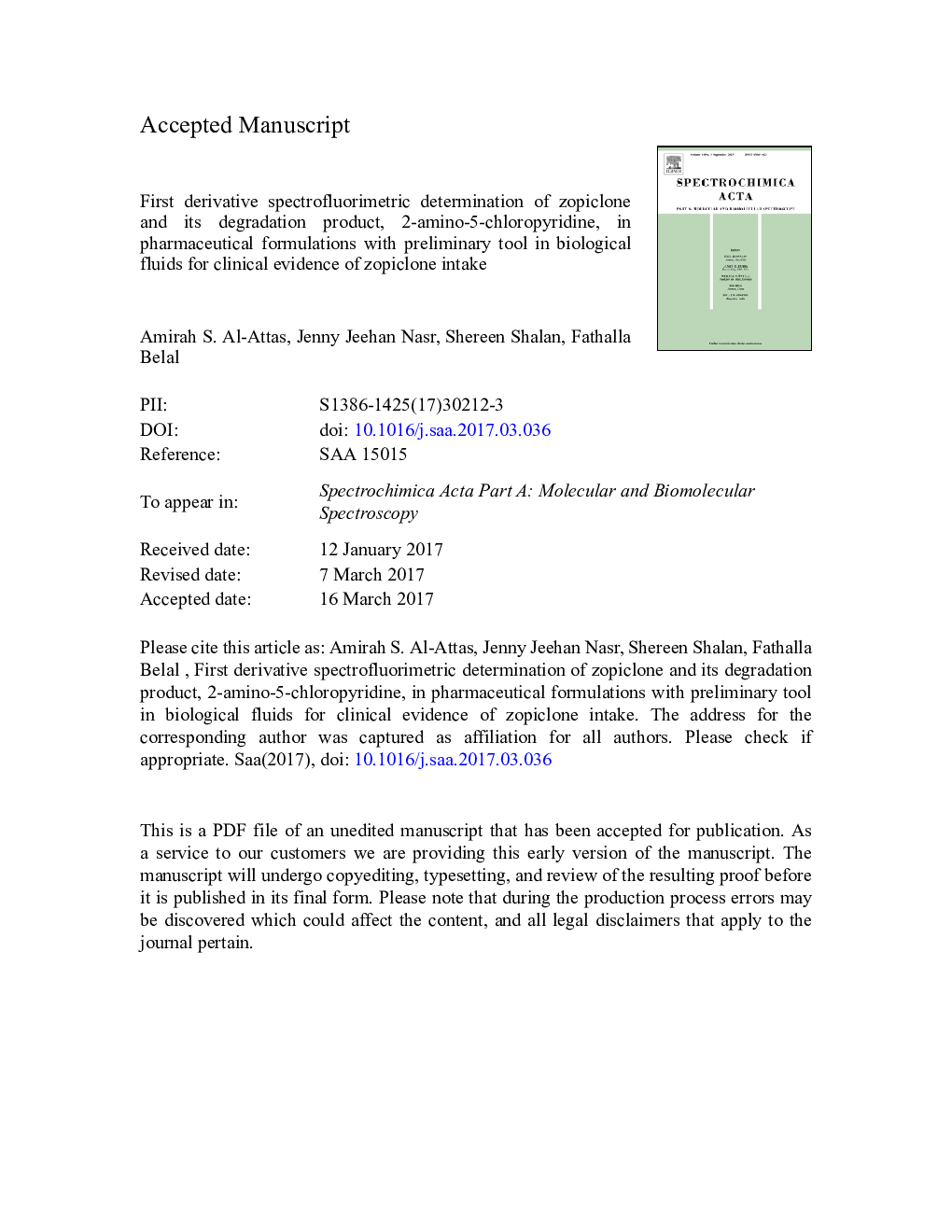 First derivative spectrofluorimetric determination of zopiclone and its degradation product, 2-amino-5-chloropyridine, in pharmaceutical formulations with preliminary tool in biological fluids for clinical evidence of zopiclone intake