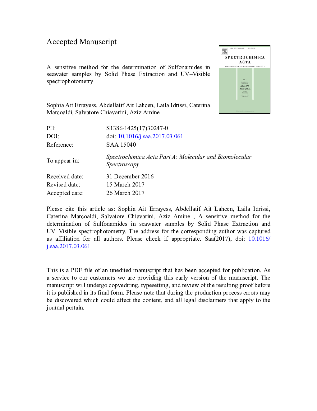 A sensitive method for the determination of Sulfonamides in seawater samples by Solid Phase Extraction and UV-Visible spectrophotometry