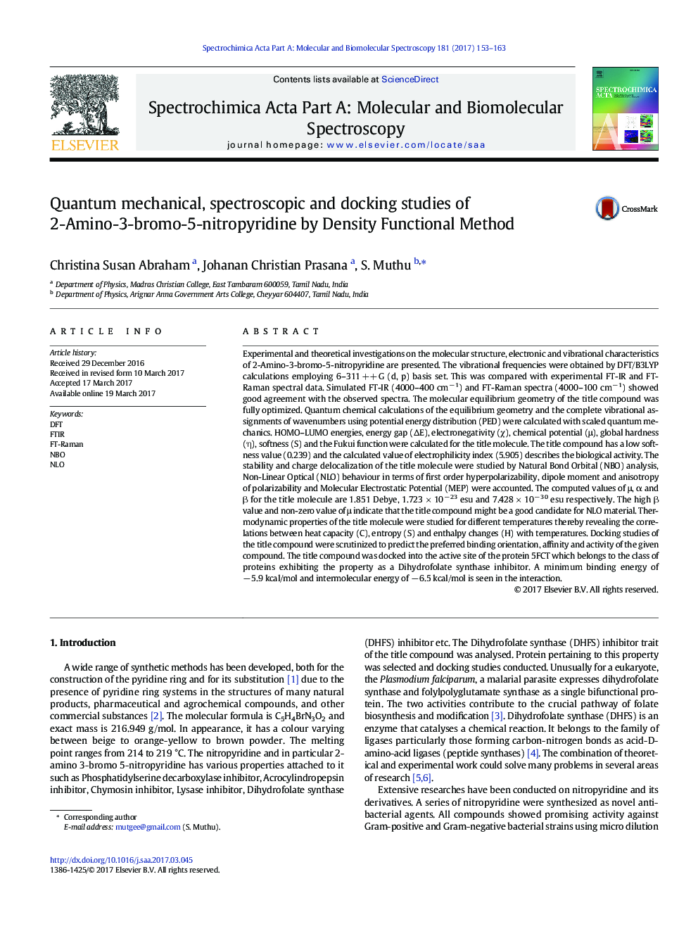 Quantum mechanical, spectroscopic and docking studies of 2-Amino-3-bromo-5-nitropyridine by Density Functional Method