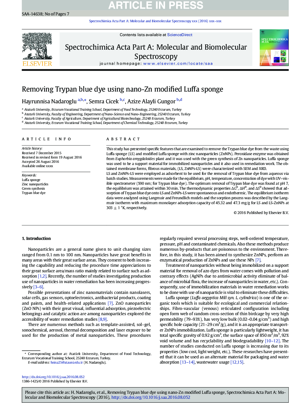 Removing Trypan blue dye using nano-Zn modified Luffa sponge