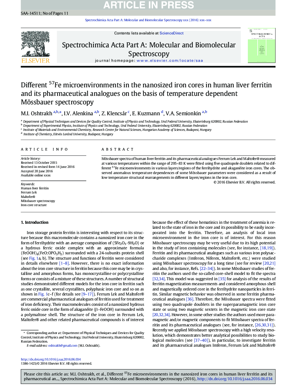 Different 57Fe microenvironments in the nanosized iron cores in human liver ferritin and its pharmaceutical analogues on the basis of temperature dependent Mössbauer spectroscopy