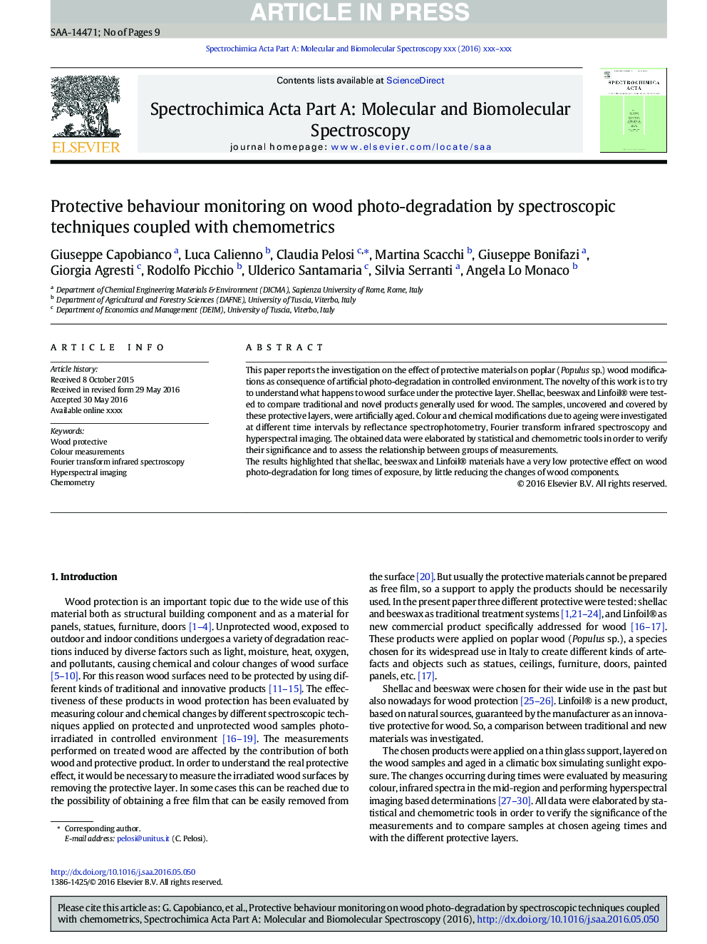 Protective behaviour monitoring on wood photo-degradation by spectroscopic techniques coupled with chemometrics