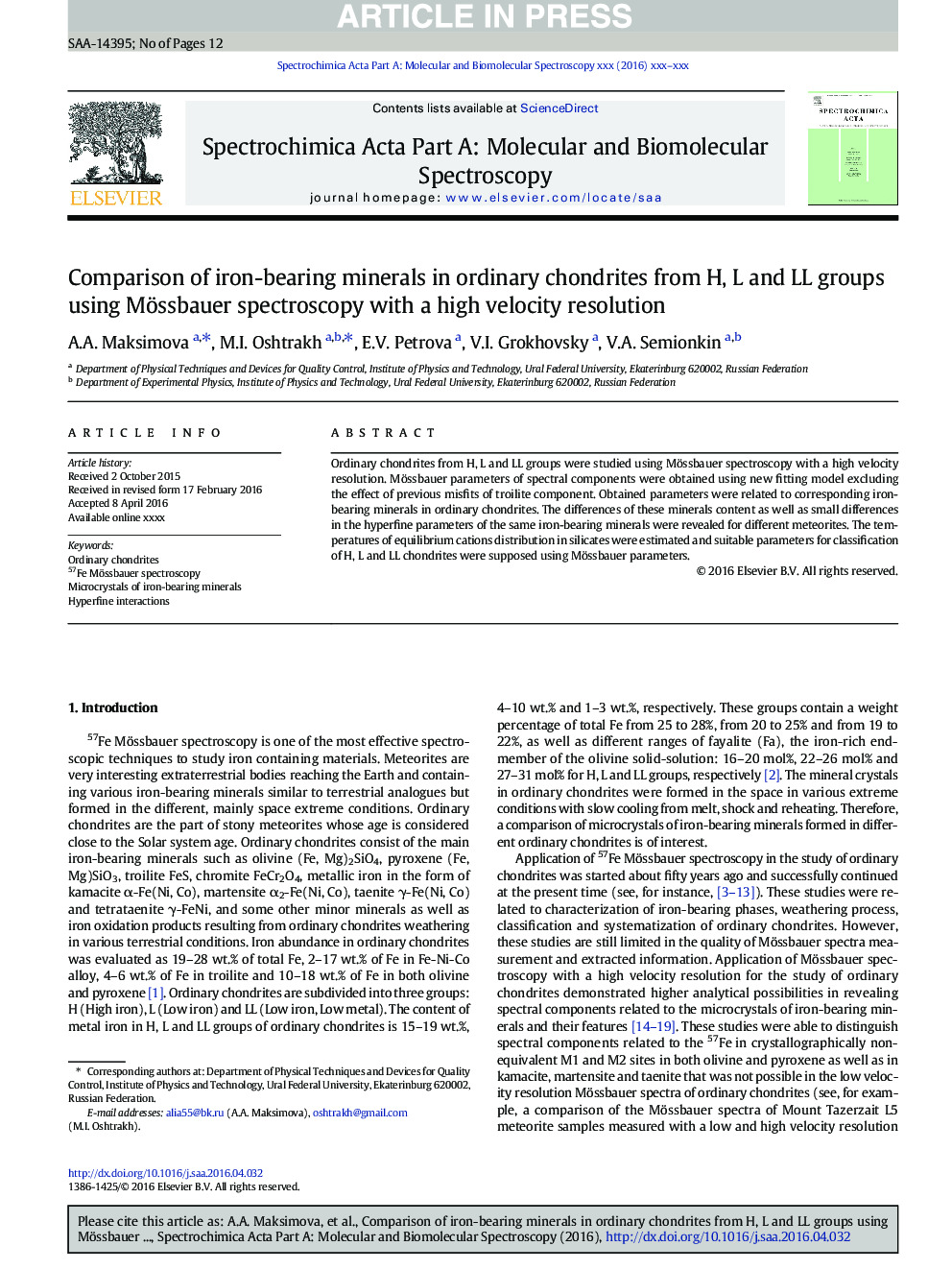 Comparison of iron-bearing minerals in ordinary chondrites from H, L and LL groups using Mössbauer spectroscopy with a high velocity resolution