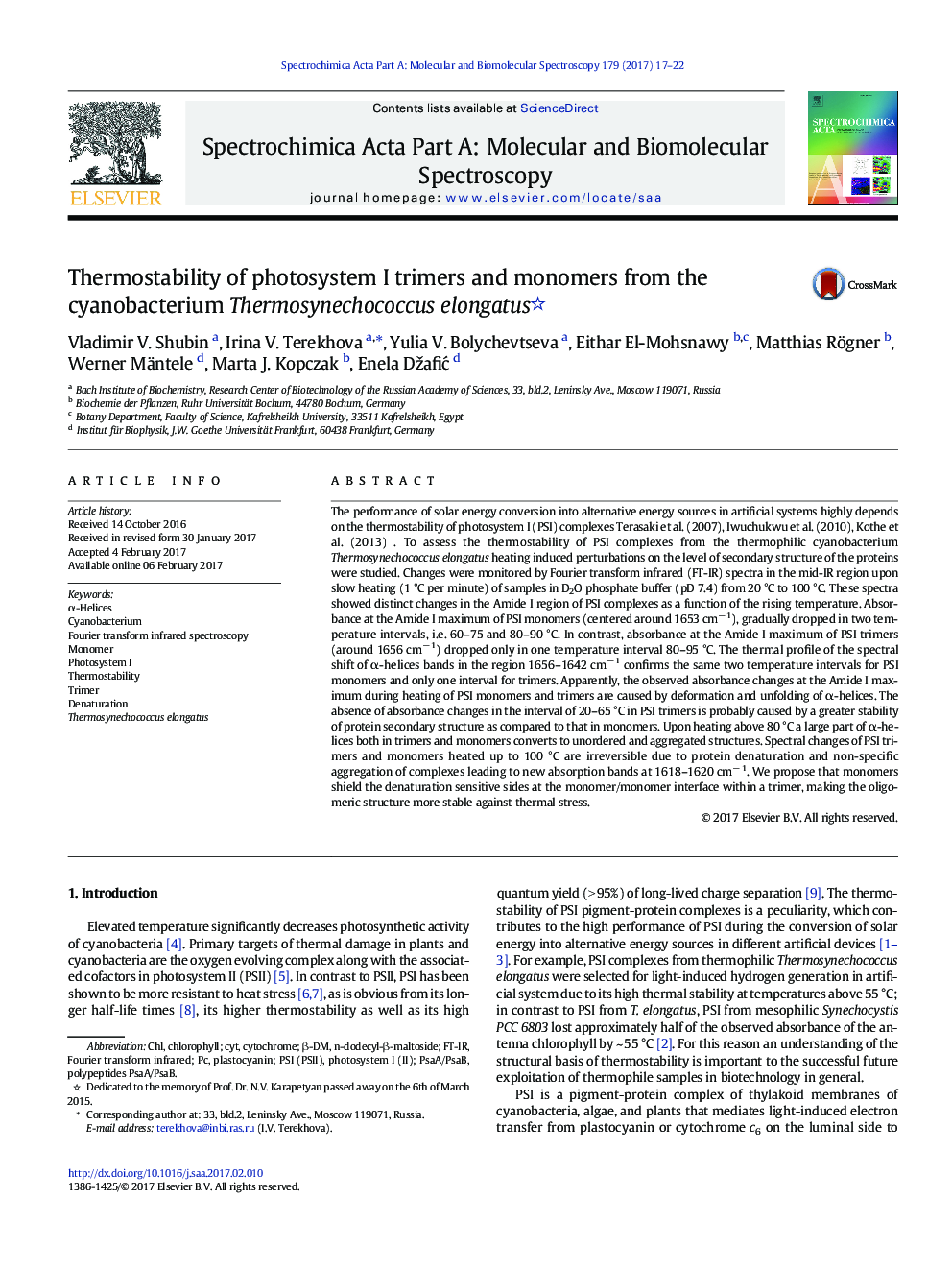 Thermostability of photosystem I trimers and monomers from the cyanobacterium Thermosynechococcus elongatus