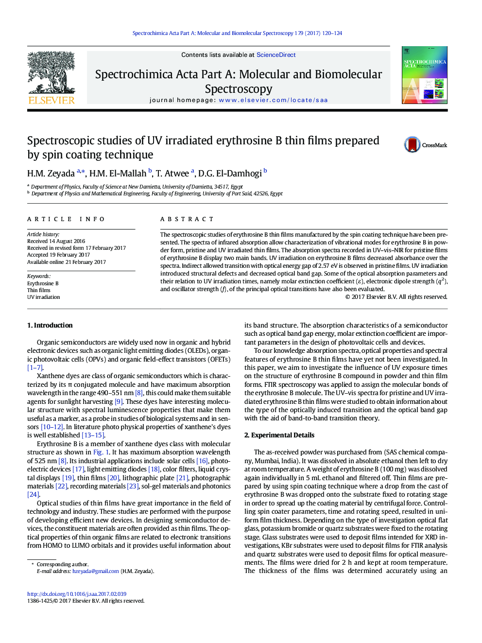 Spectroscopic studies of UV irradiated erythrosine B thin films prepared by spin coating technique