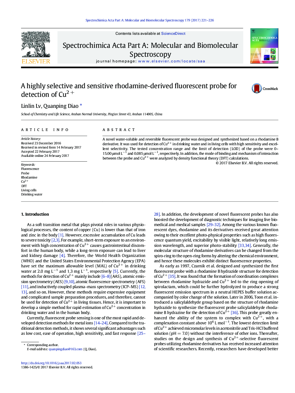 A highly selective and sensitive rhodamine-derived fluorescent probe for detection of Cu2Â +