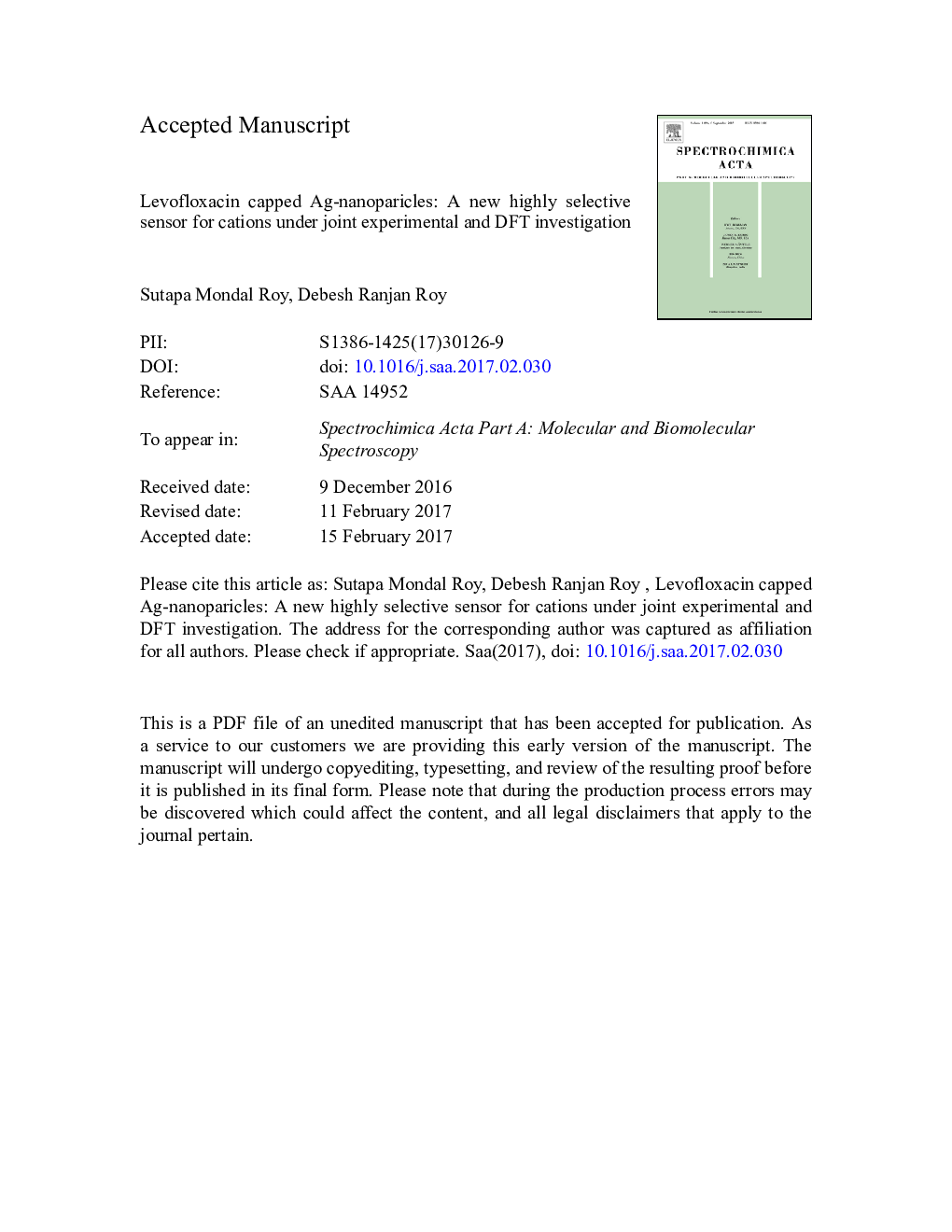 Levofloxacin capped Ag-nanoparicles: A new highly selective sensor for cations under joint experimental and DFT investigation