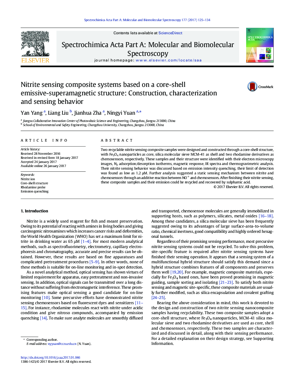 Nitrite sensing composite systems based on a core-shell emissive-superamagnetic structure: Construction, characterization and sensing behavior