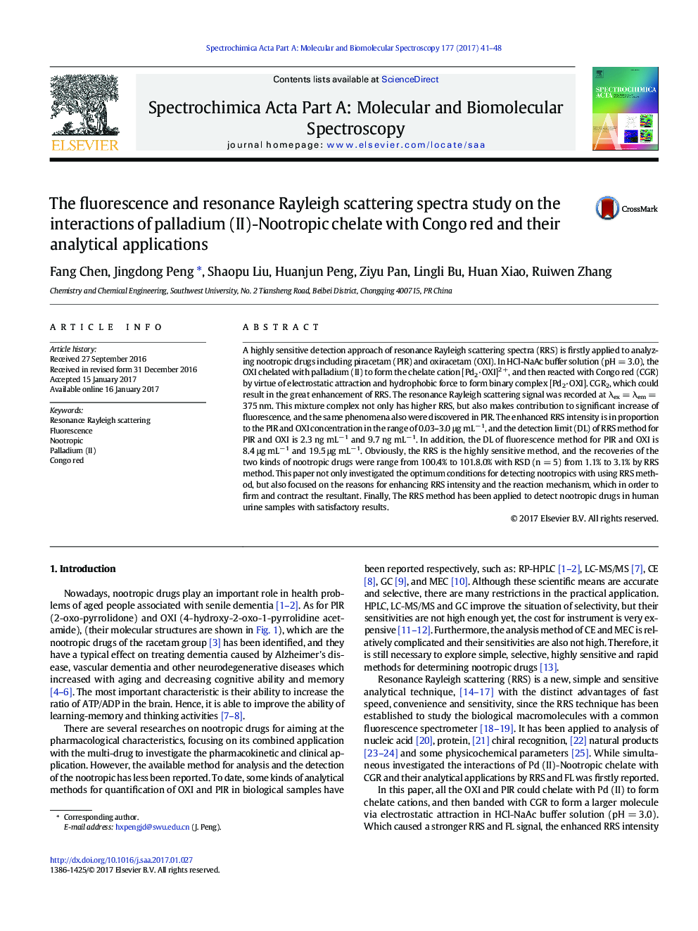 The fluorescence and resonance Rayleigh scattering spectra study on the interactions of palladium (II)-Nootropic chelate with Congo red and their analytical applications