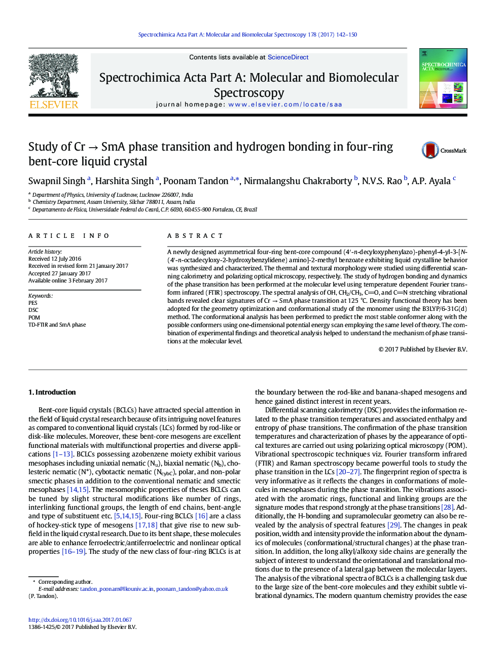 Study of CrÂ âÂ SmA phase transition and hydrogen bonding in four-ring bent-core liquid crystal