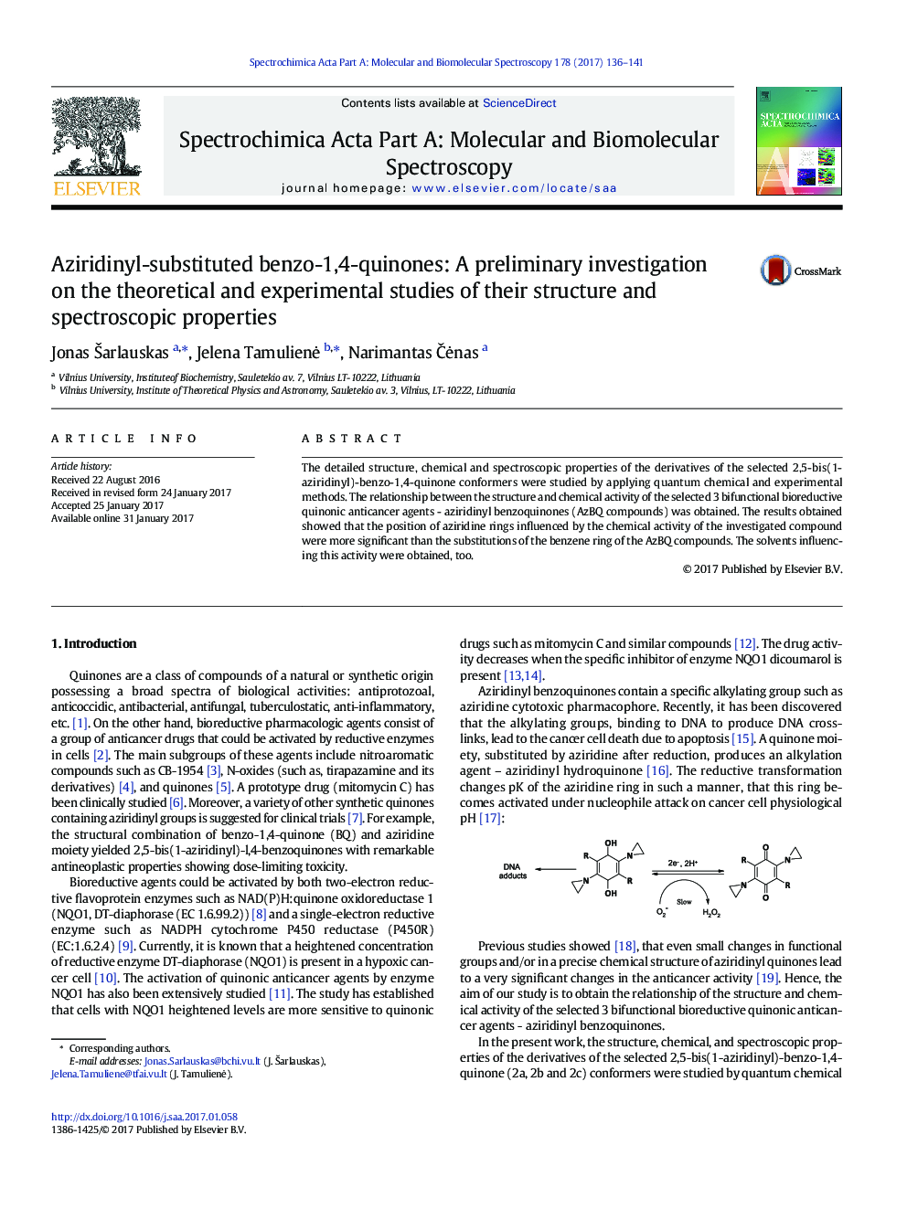 Aziridinyl-substituted benzo-1,4-quinones: A preliminary investigation on the theoretical and experimental studies of their structure and spectroscopic properties