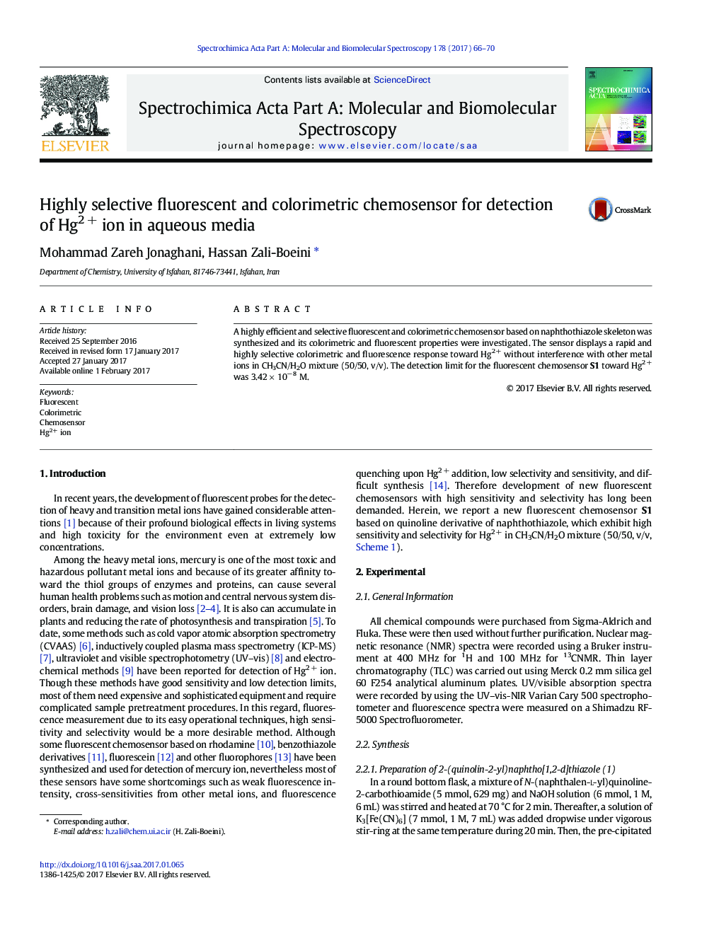 Highly selective fluorescent and colorimetric chemosensor for detection of Hg2Â + ion in aqueous media