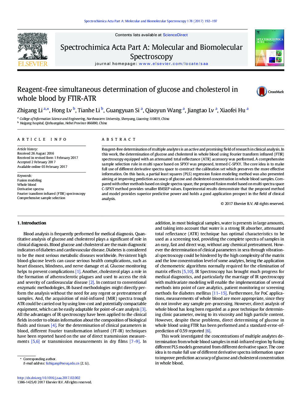 Reagent-free simultaneous determination of glucose and cholesterol in whole blood by FTIR-ATR