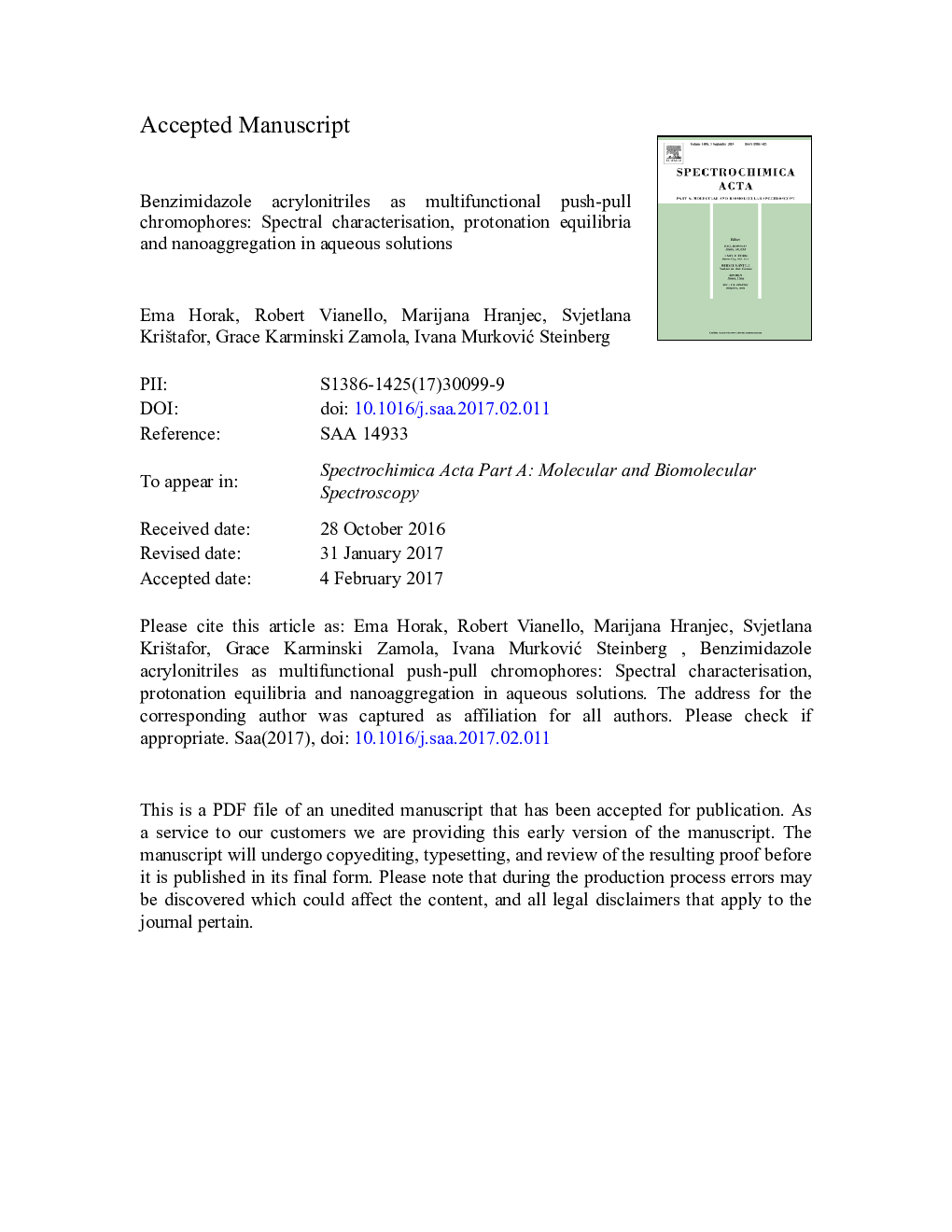 Benzimidazole acrylonitriles as multifunctional push-pull chromophores: Spectral characterisation, protonation equilibria and nanoaggregation in aqueous solutions