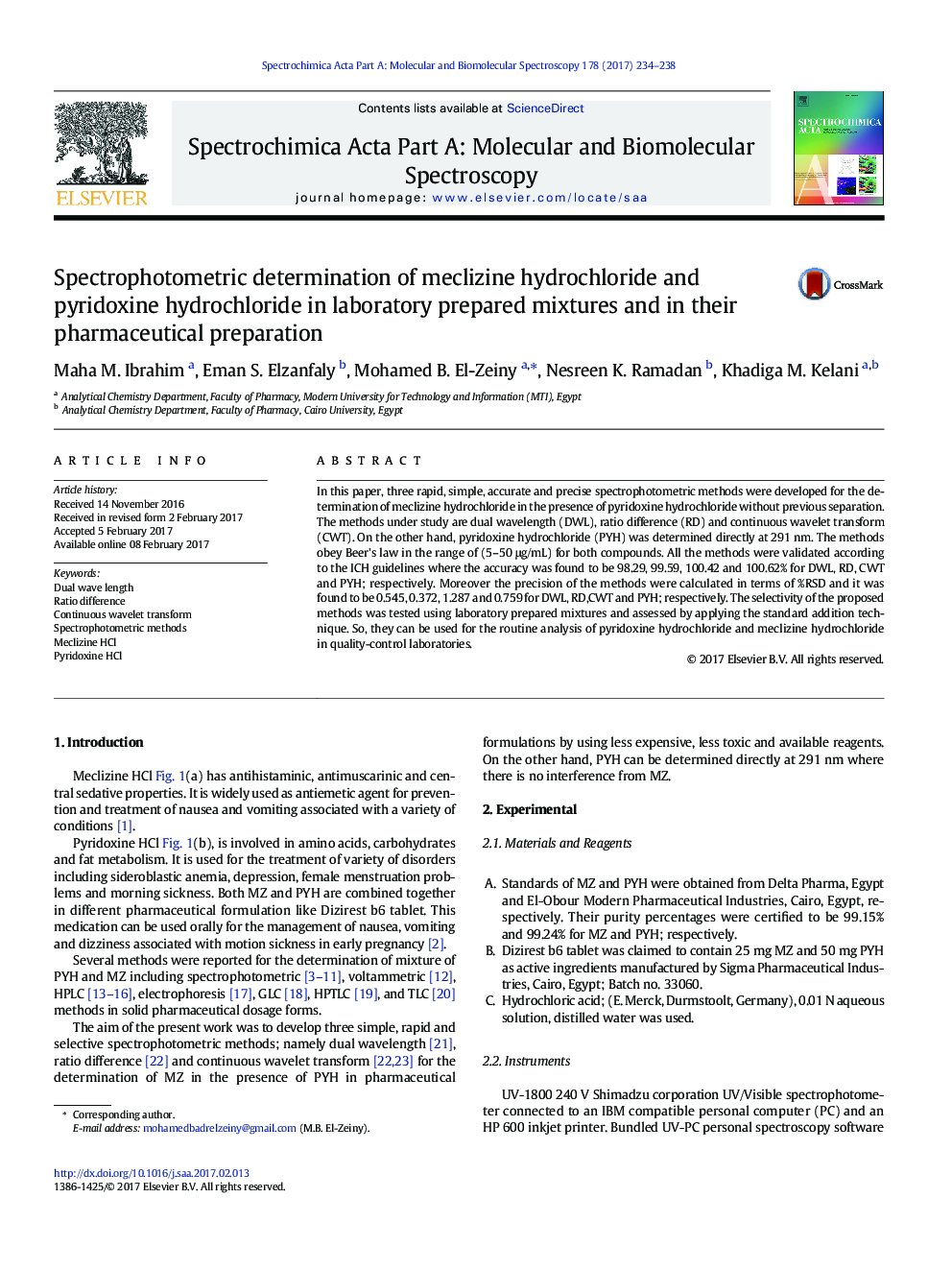 Spectrophotometric determination of meclizine hydrochloride and pyridoxine hydrochloride in laboratory prepared mixtures and in their pharmaceutical preparation