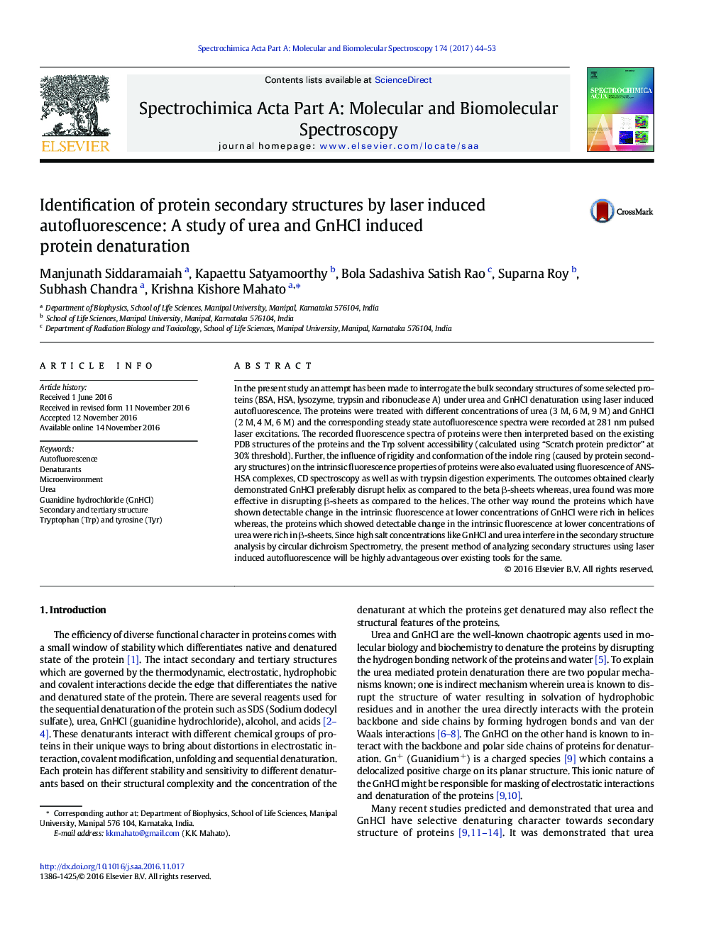 Identification of protein secondary structures by laser induced autofluorescence: A study of urea and GnHCl induced protein denaturation