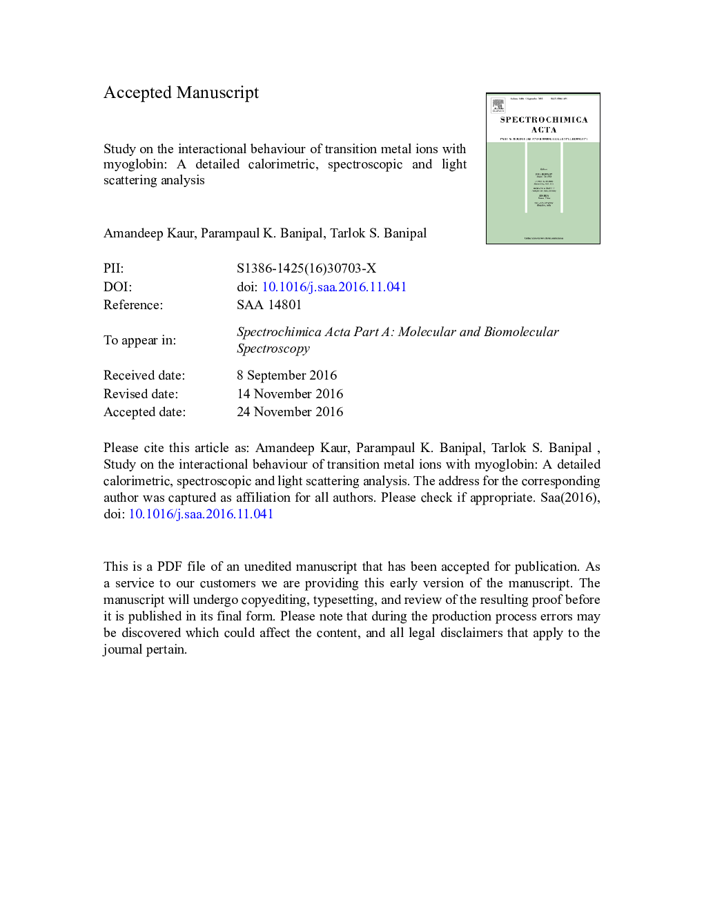 Study on the interactional behaviour of transition metal ions with myoglobin: A detailed calorimetric, spectroscopic and light scattering analysis