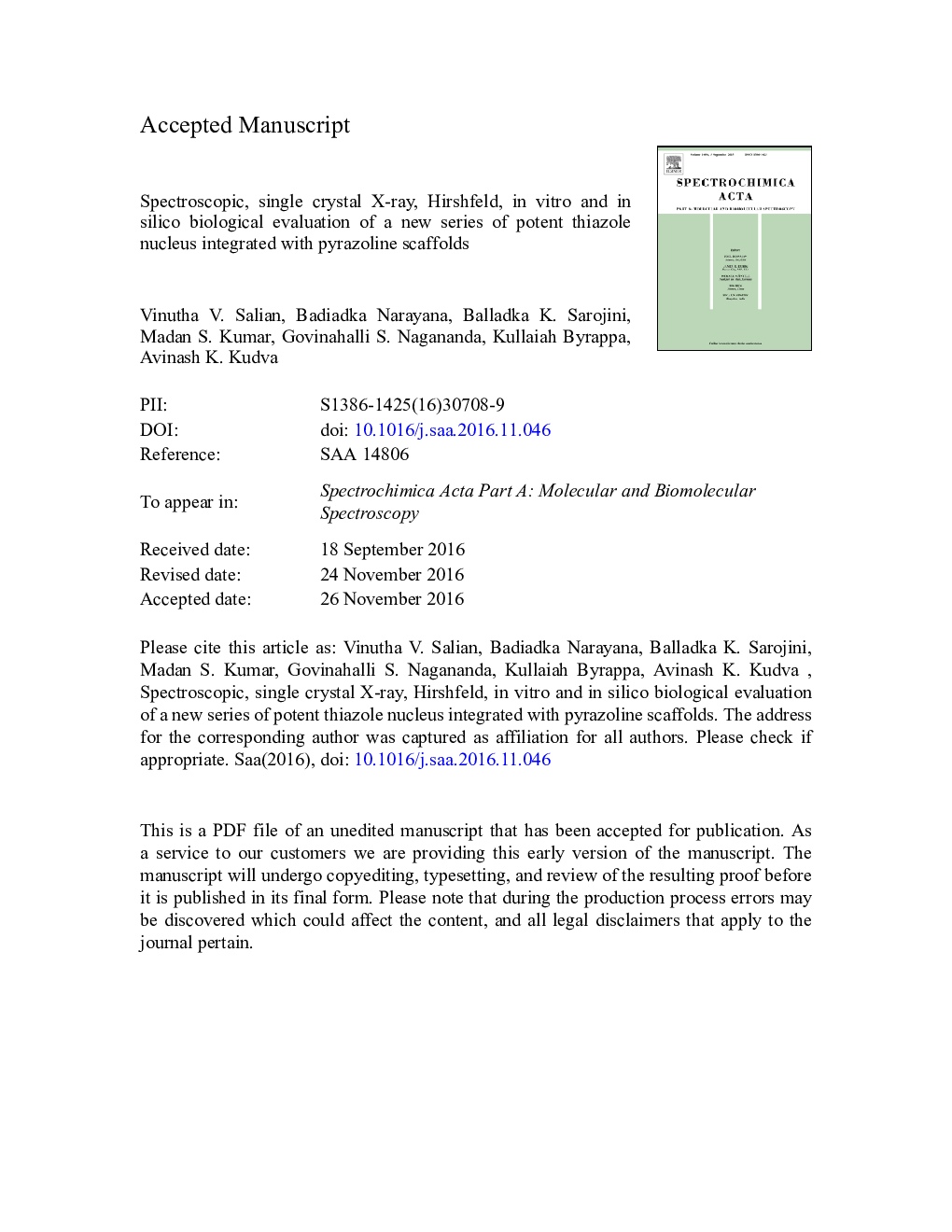 Spectroscopic, single crystal X-ray, Hirshfeld, in vitro and in silico biological evaluation of a new series of potent thiazole nucleus integrated with pyrazoline scaffolds