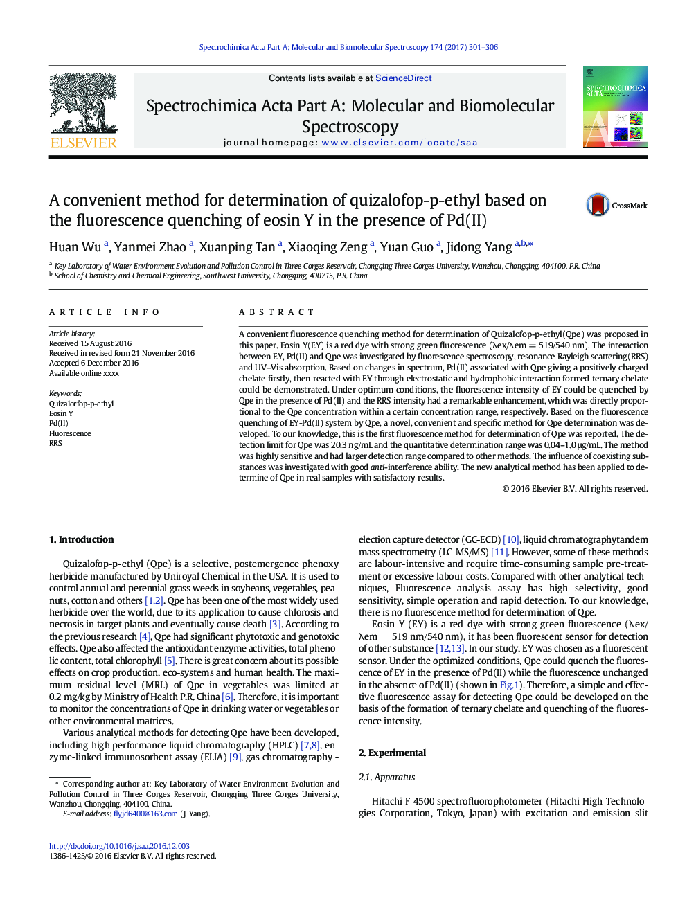 A convenient method for determination of quizalofop-p-ethyl based on the fluorescence quenching of eosin Y in the presence of Pd(II)