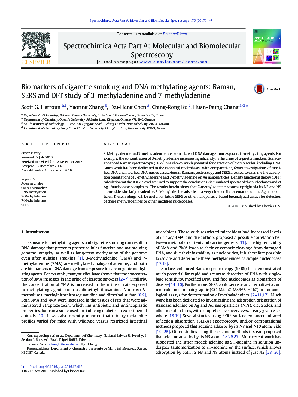 Biomarkers of cigarette smoking and DNA methylating agents: Raman, SERS and DFT study of 3-methyladenine and 7-methyladenine
