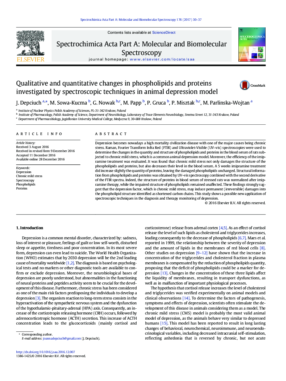 Qualitative and quantitative changes in phospholipids and proteins investigated by spectroscopic techniques in animal depression model