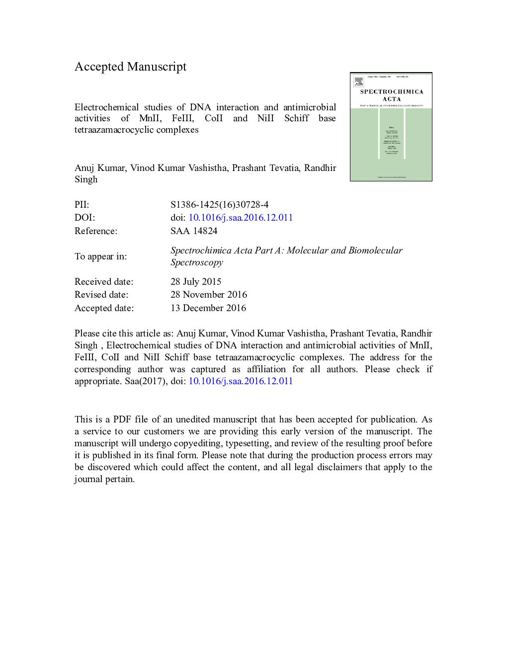 Electrochemical studies of DNA interaction and antimicrobial activities of MnII, FeIII, CoII and NiII Schiff base tetraazamacrocyclic complexes