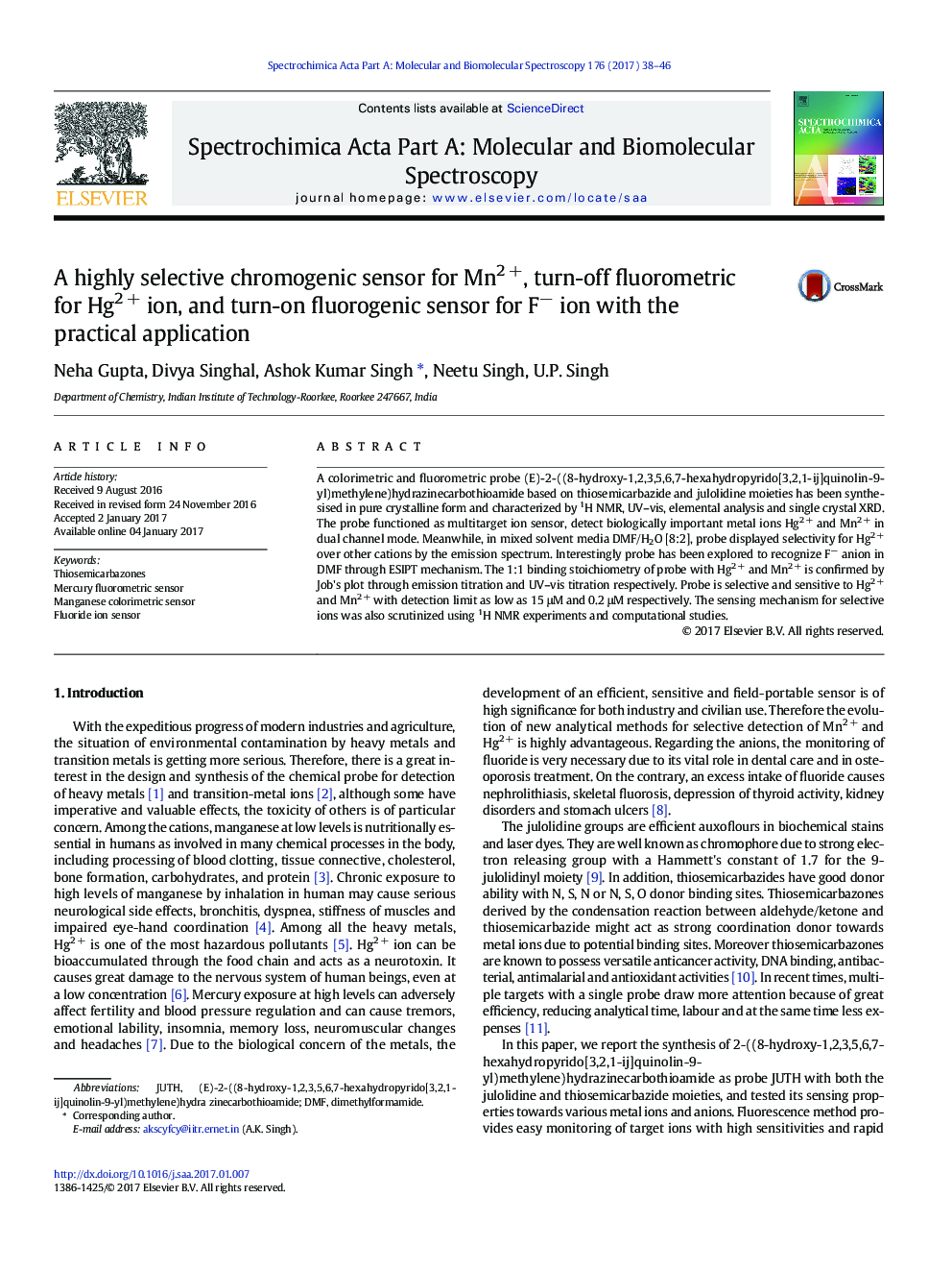 A highly selective chromogenic sensor for Mn2Â +, turn-off fluorometric for Hg2Â + ion, and turn-on fluorogenic sensor for Fâ ion with the practical application