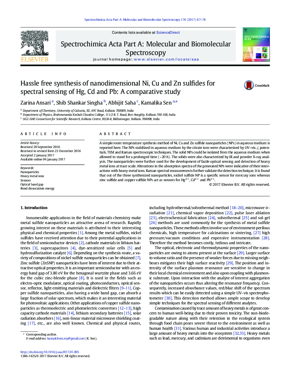 Hassle free synthesis of nanodimensional Ni, Cu and Zn sulfides for spectral sensing of Hg, Cd and Pb: A comparative study